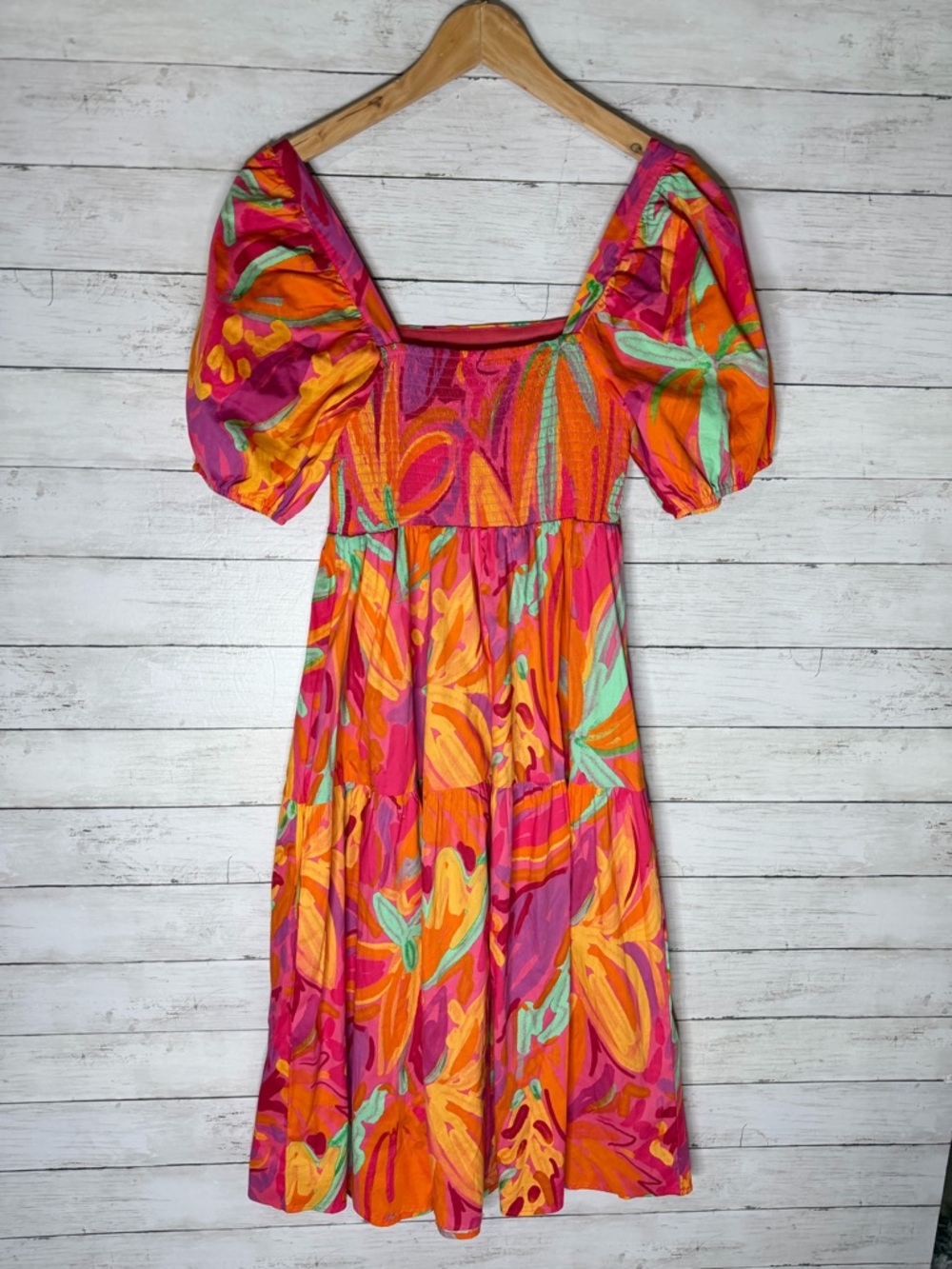 Crystal Sky Floral Mini Dress Medium Puff Sleeve Smocked Back Bright Boho - Picture 4 of 6